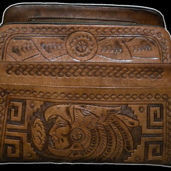 Vintage Hand Tooled Leather Shoulder Bag - Aztec Calendar & Eagle - Western - Picture 5 of 9
